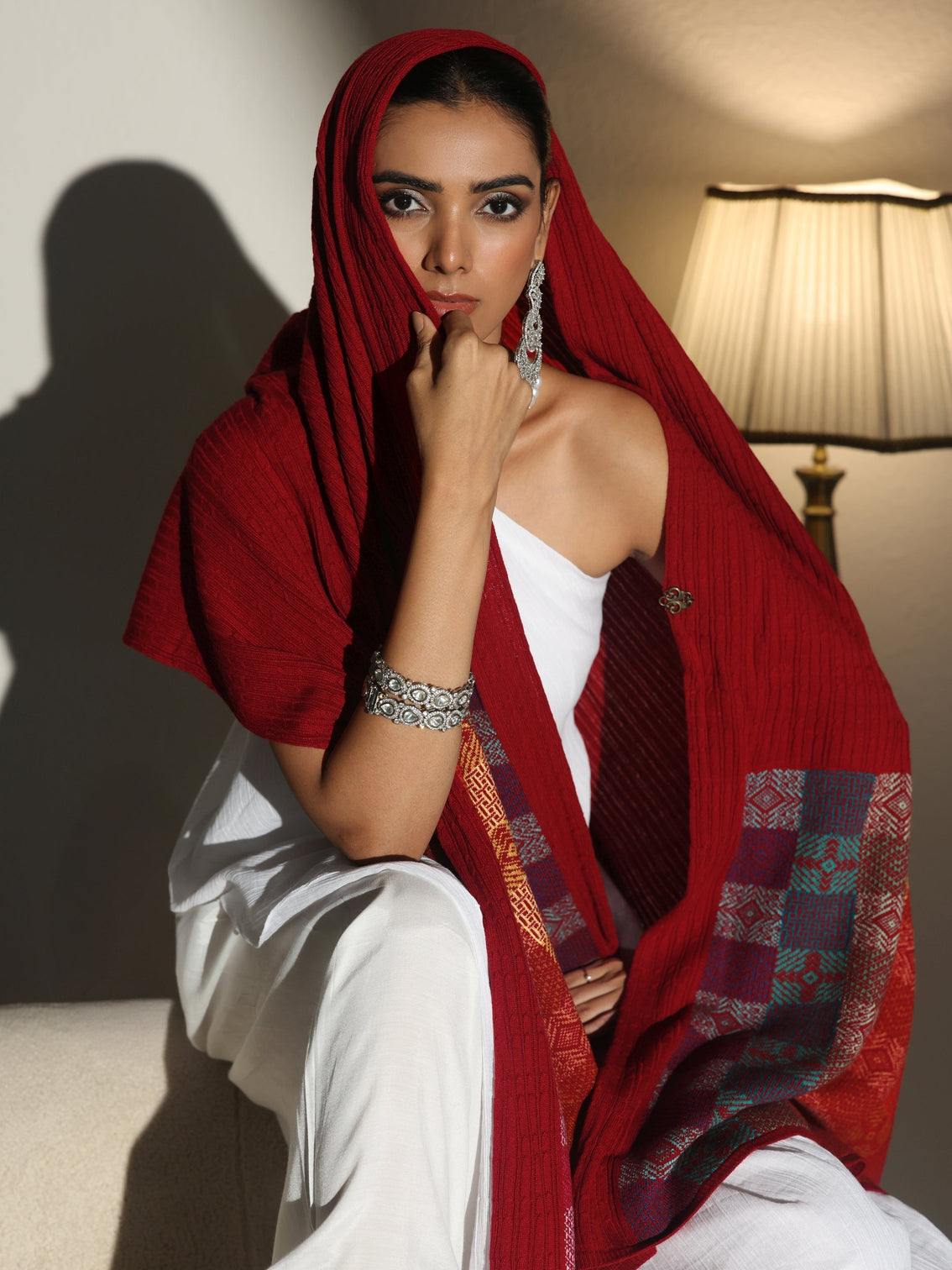 Mameraa Crimson Red Geometric Knitted Acrylic Wrap Shawl
