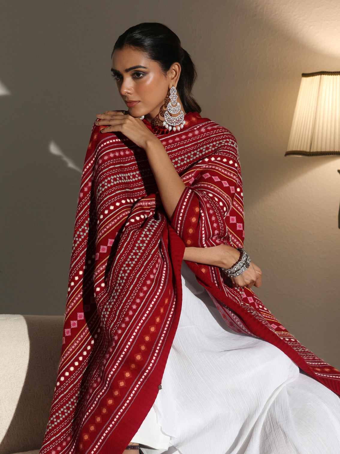 Mameraa Crimson Red Geometric Knitted Acrylic Wrap Shawl