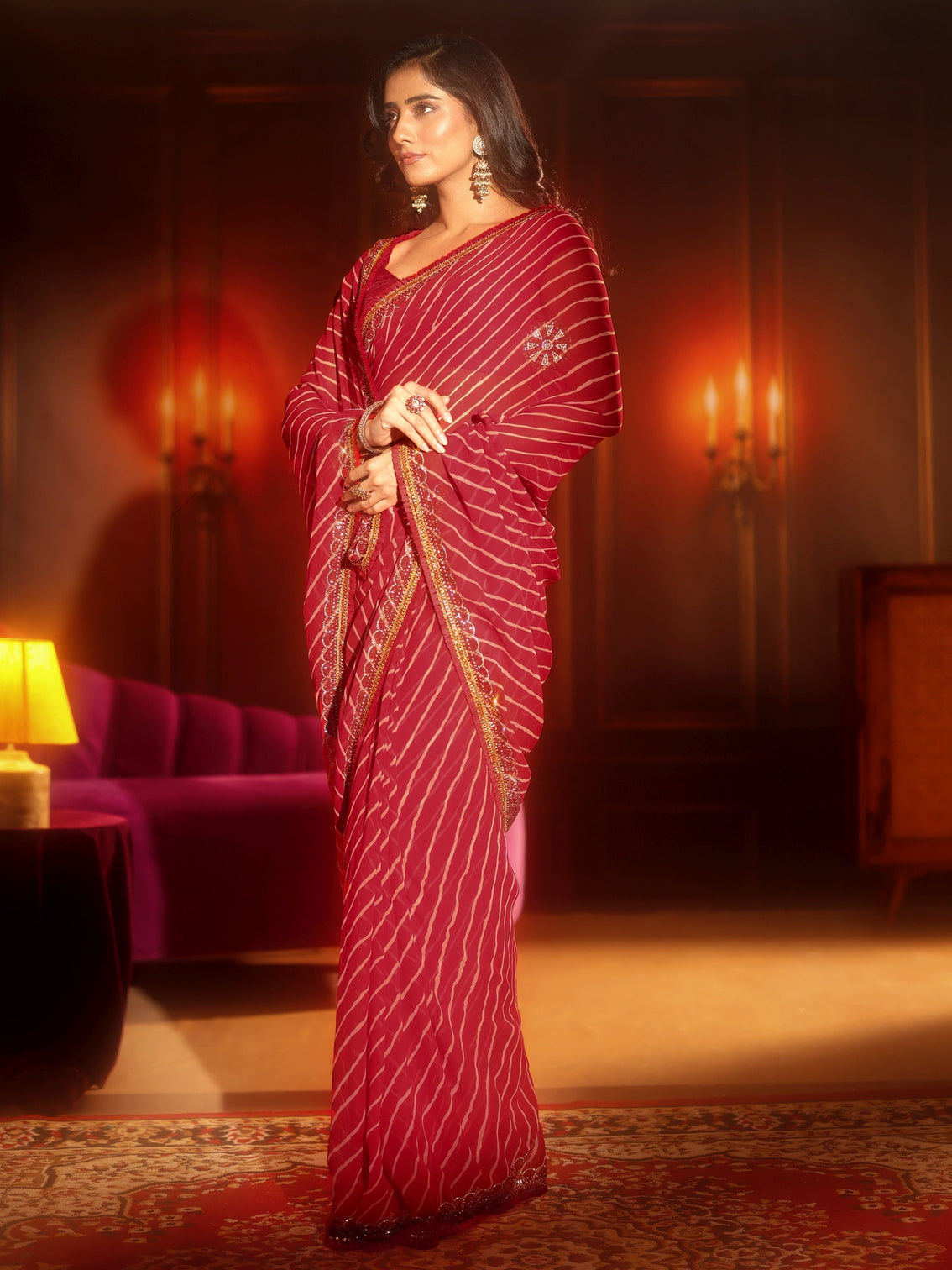 Mameraa Crimson Red Leheriya Printed Embellished Georgette Saree