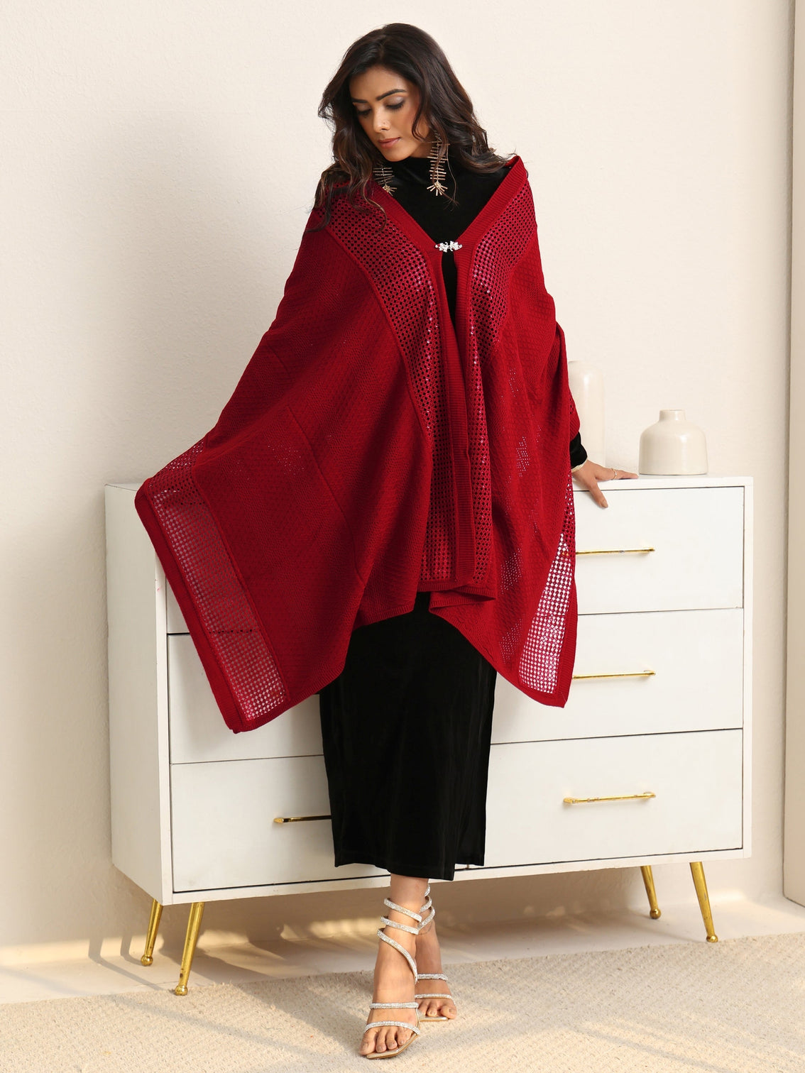 Mameraa Crimson Red Mesh Knitted Acrylic Wrap Shawl