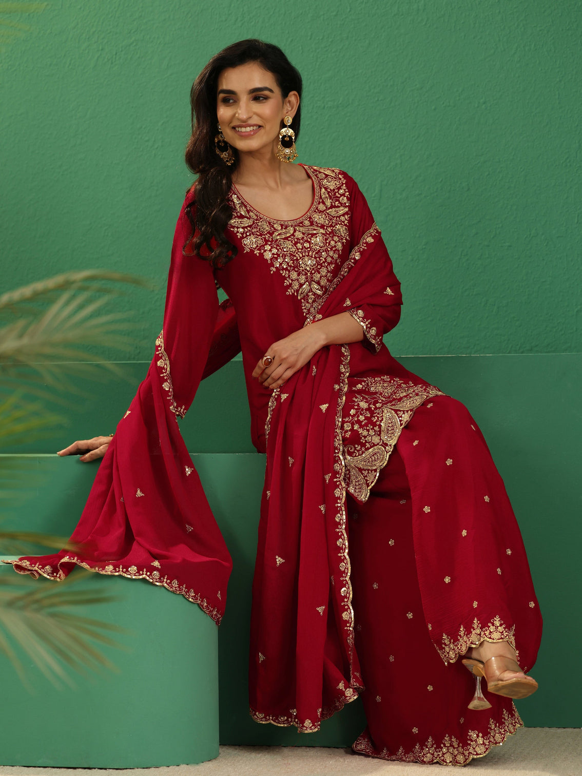 Mameraa Crimson Red Paisley Embellished Chinon Palazzo Suit Set