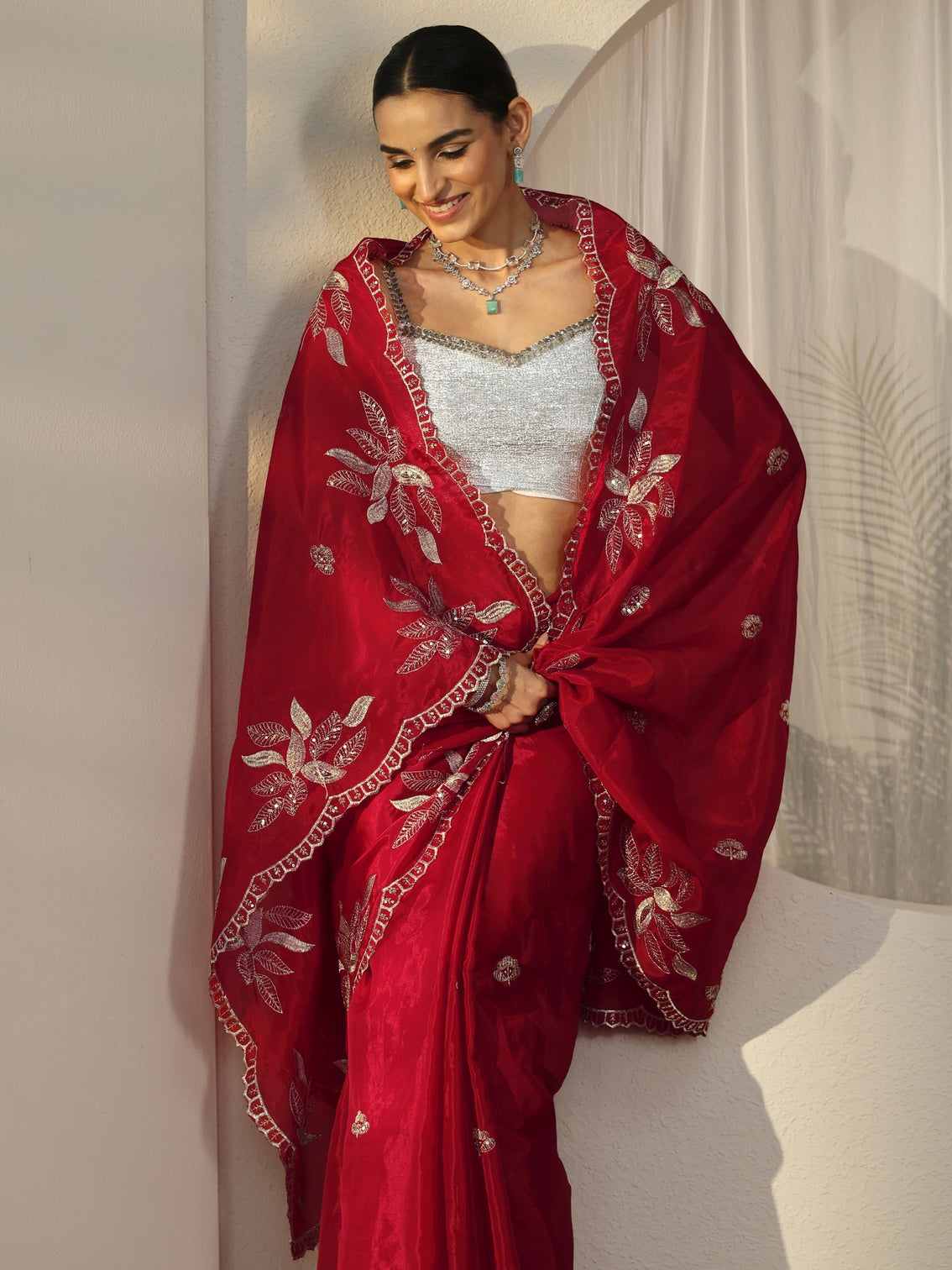 Mameraa Crimson Red Sequin Embellished Leafy Pattern Satin Saree