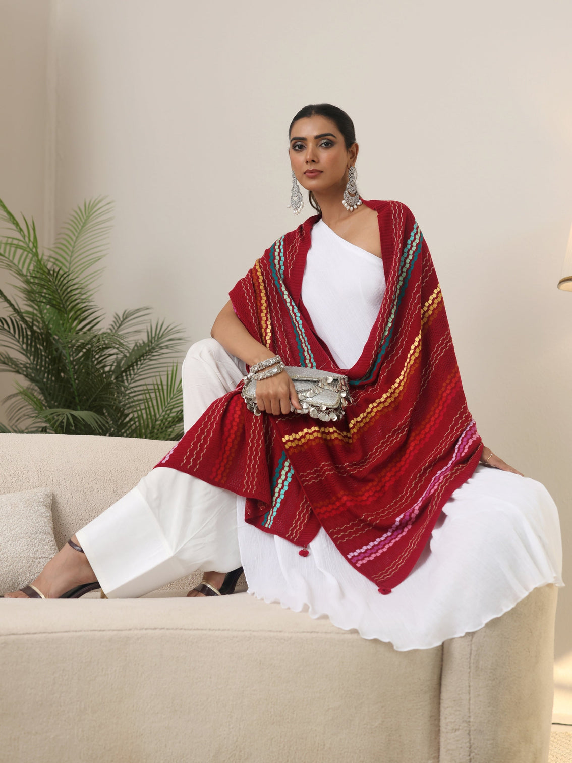 Mameraa Crimson Red Striped Knitted Acrylic Wrap Shawl