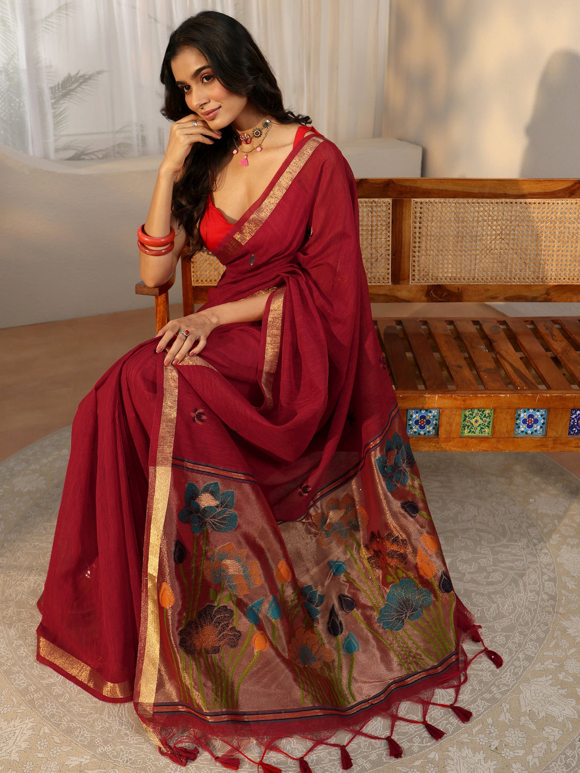 Mameraa Crimson Red Woven Design Floral Pallu Silk Blend Saree