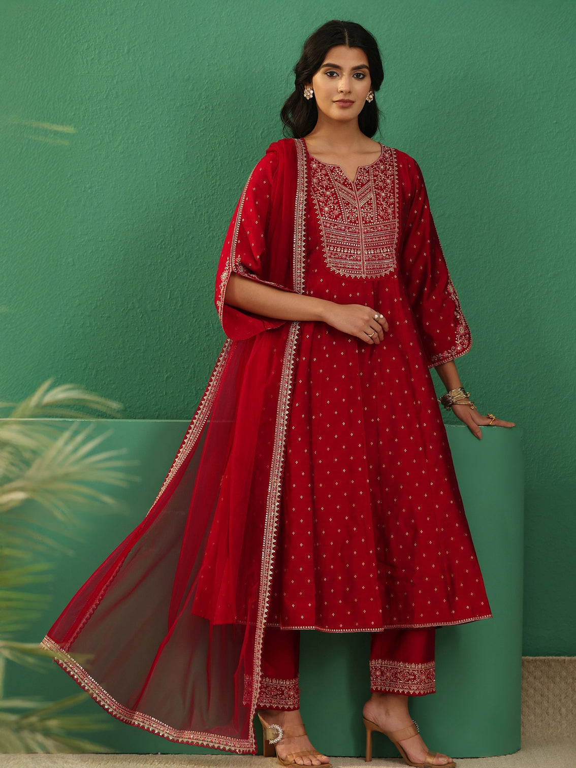 Mameraa Crimson Red Woven Design Silk Blend Anarakali Suit Set