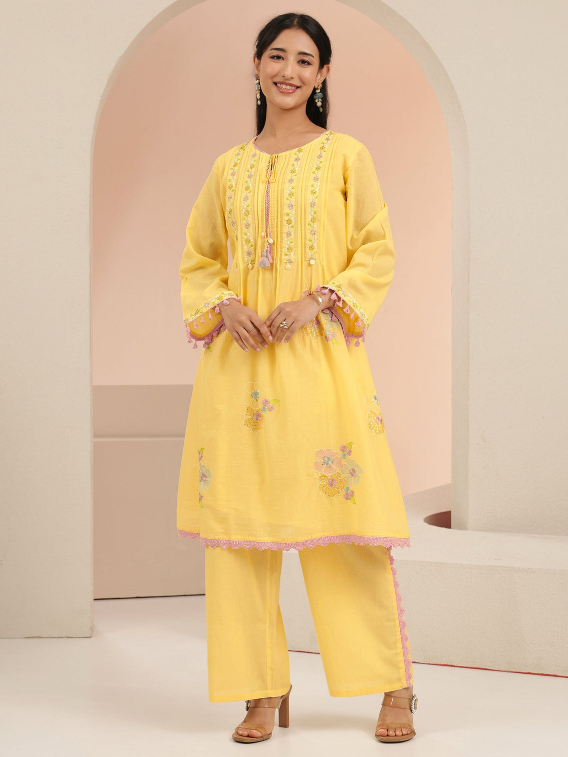 Mameraa Daffodil Yellow Floral Embroidered Cotton A-Line Kurta Set