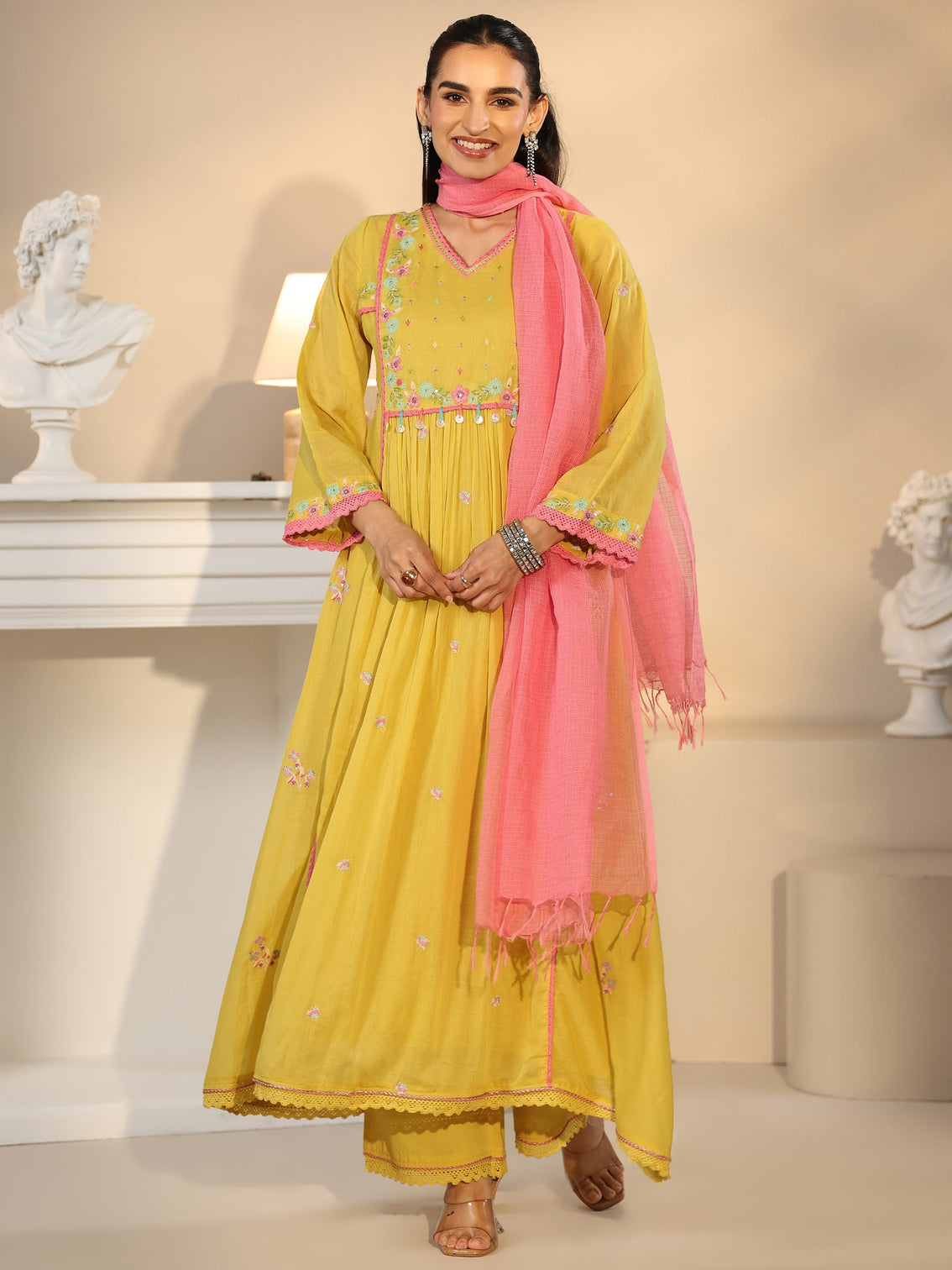 Mameraa Daffodil Yellow Floral Embroidered Cotton Anarkali Suit Set