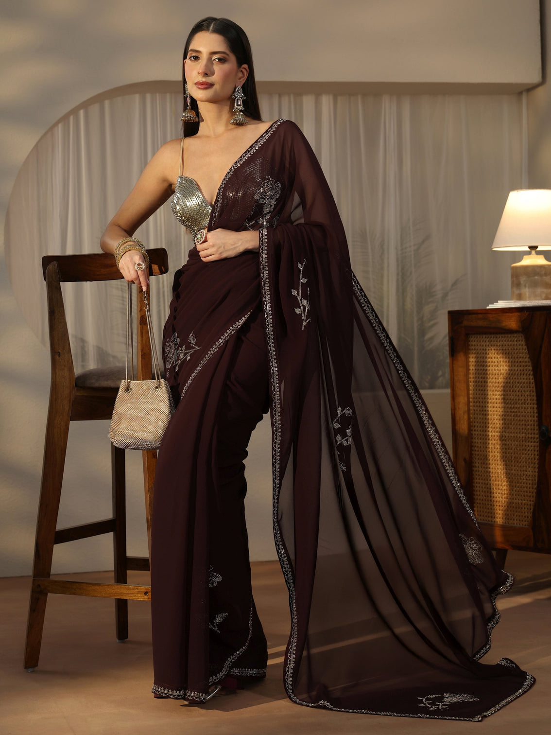 Mameraa Dark Brown Floral Embellished Georgette Saree