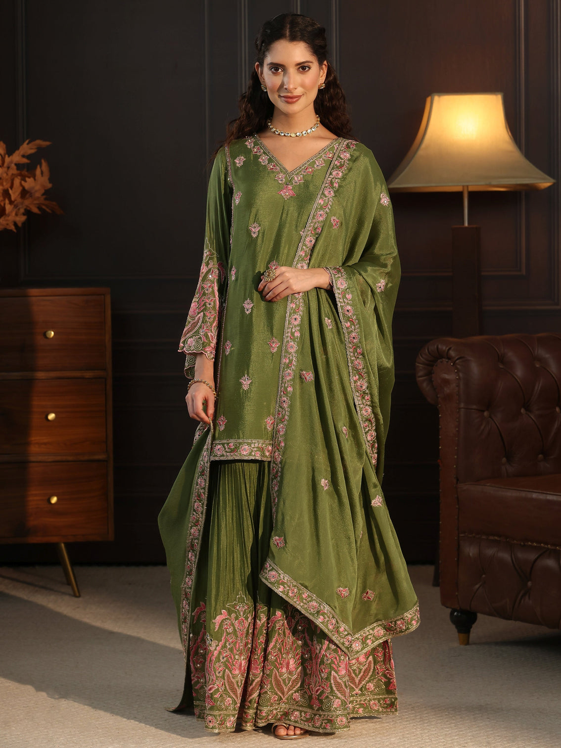 Mameraa Dark Green Embroidered Chinon Sharara Suit Set