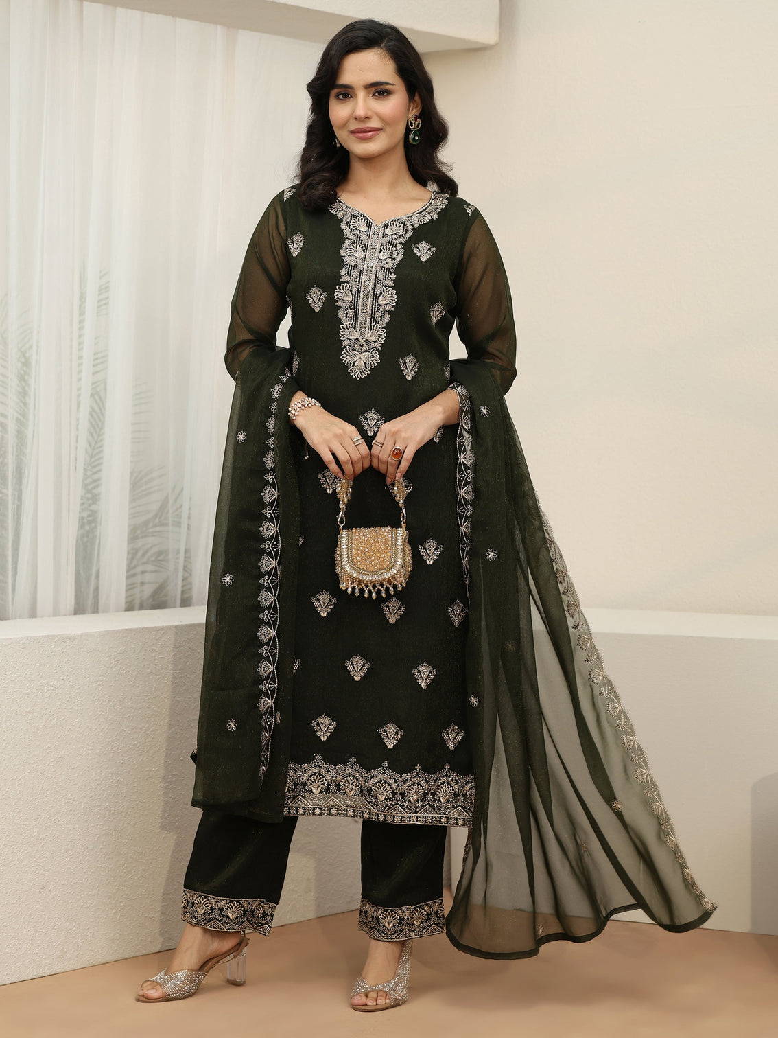 Mameraa Dark Green Embroidered Chinon Straight Suit Set
