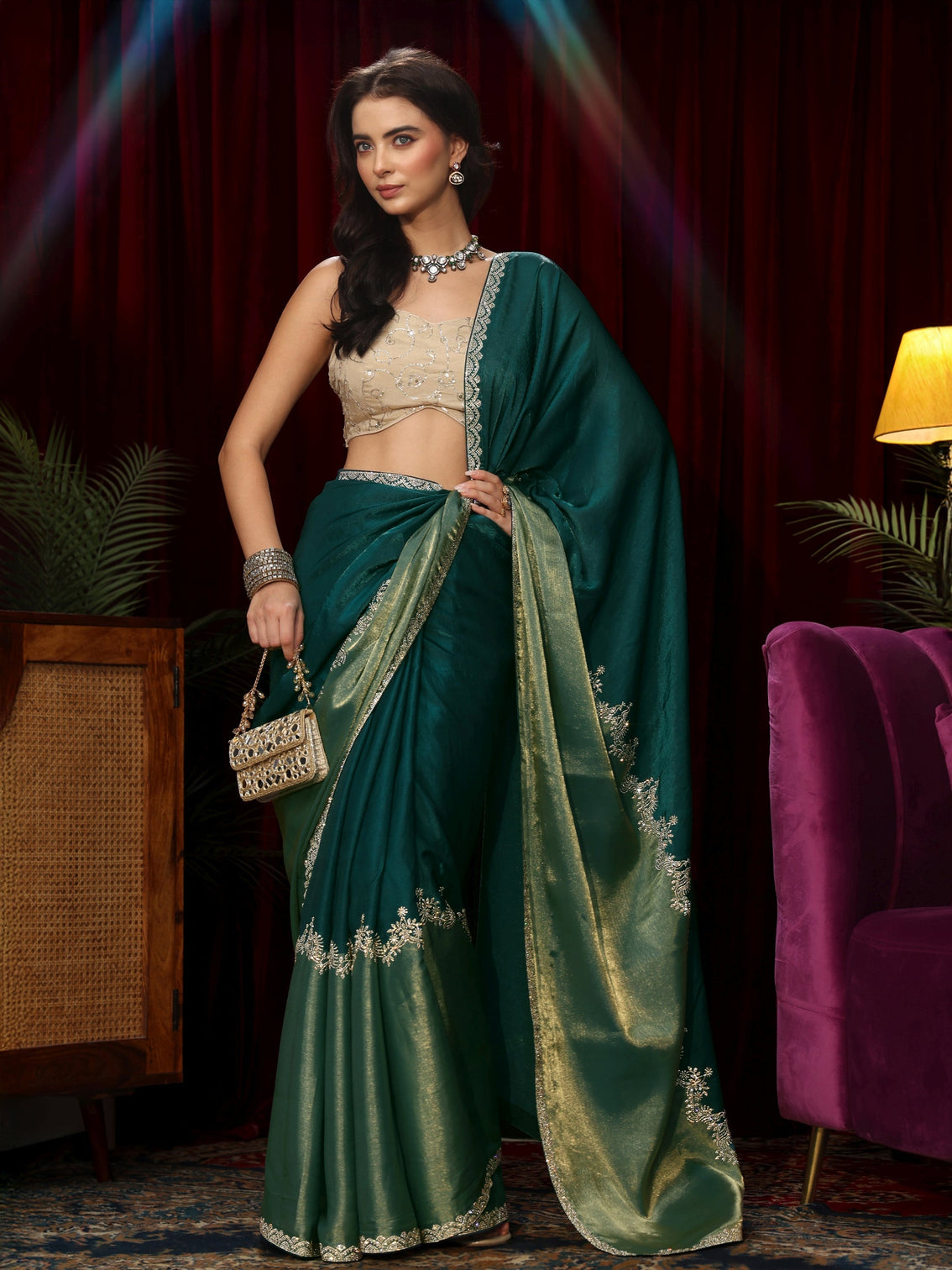 Mameraa Dark Green Floral Embellished Tissue Saree