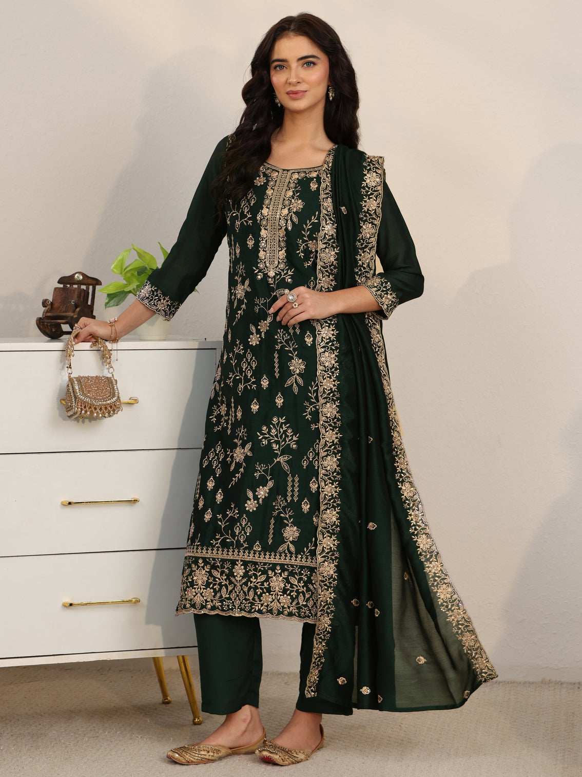 Mameraa Dark Green Floral Embroidered Silk Blend Straight Suit Set