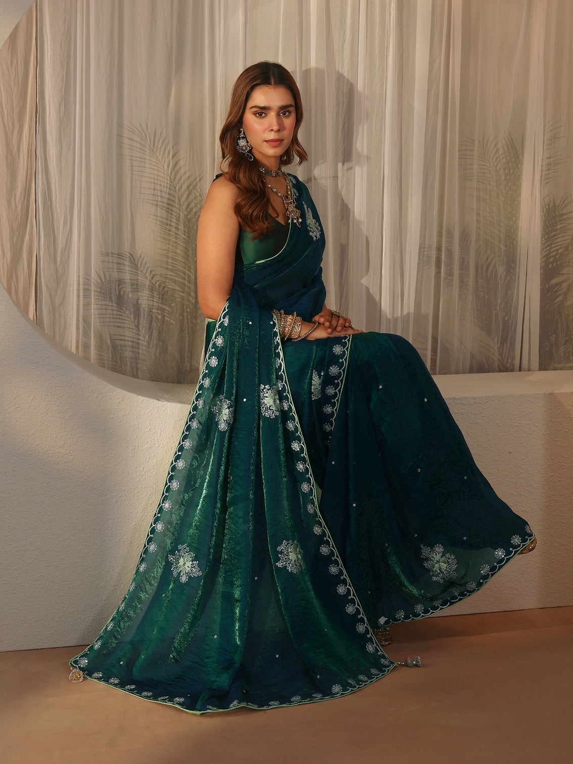 Mameraa Dark Green Floral Embroidered Tissue Saree