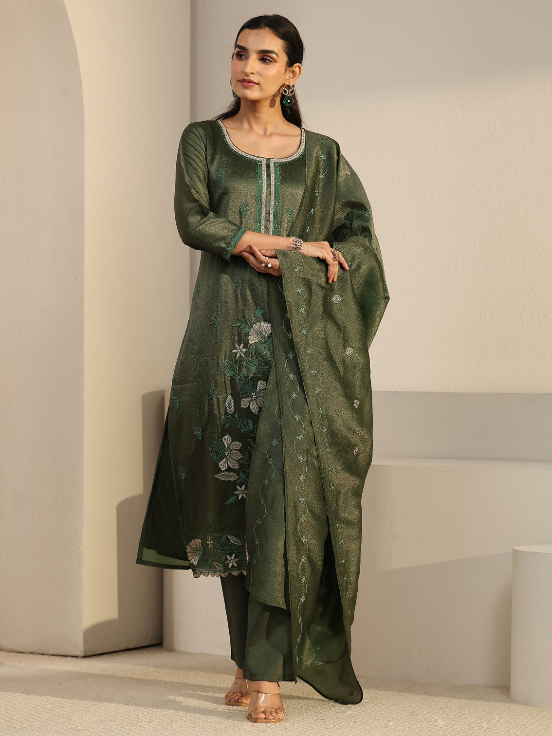 Mameraa Dark Green Floral Embroidered Tissue Straight Suit Set