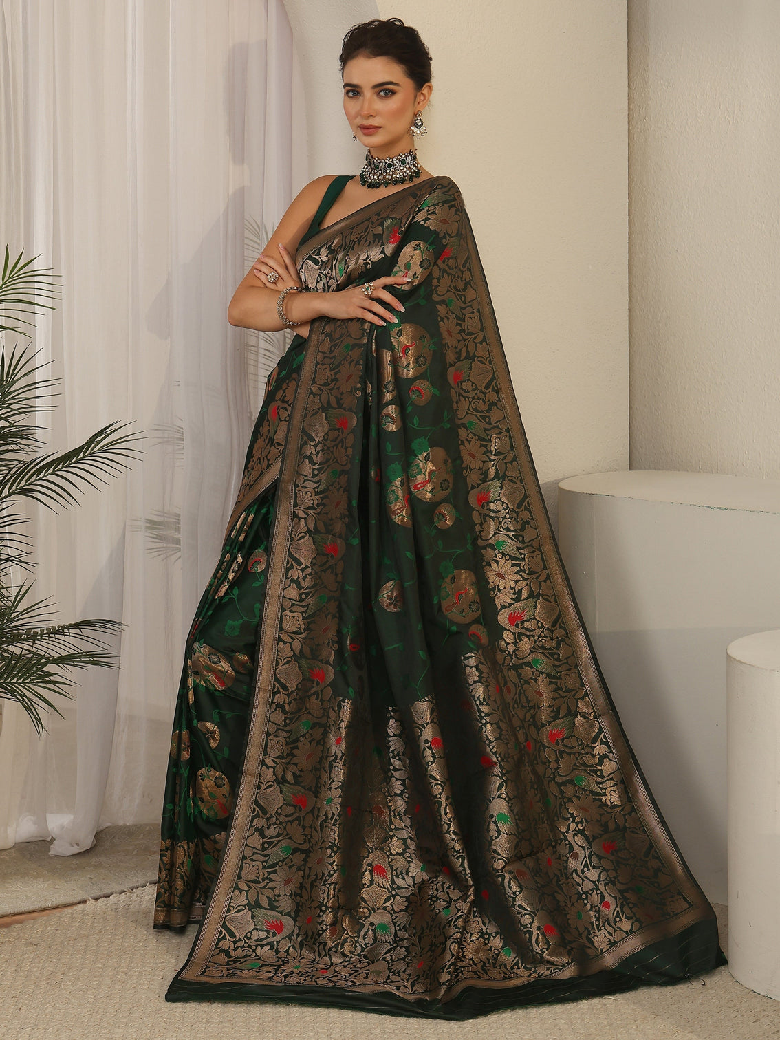 Mameraa Dark Green Floral Woven Design Satin Saree