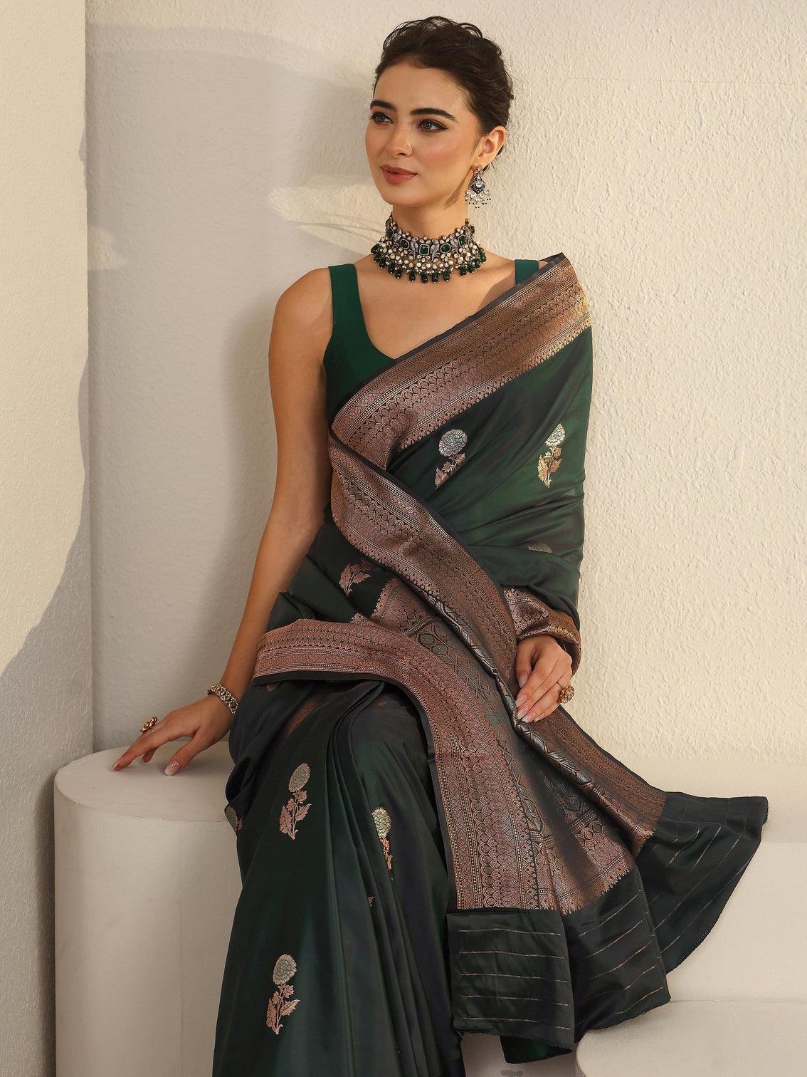 Mameraa Dark Green Floral Woven Design Satin Saree