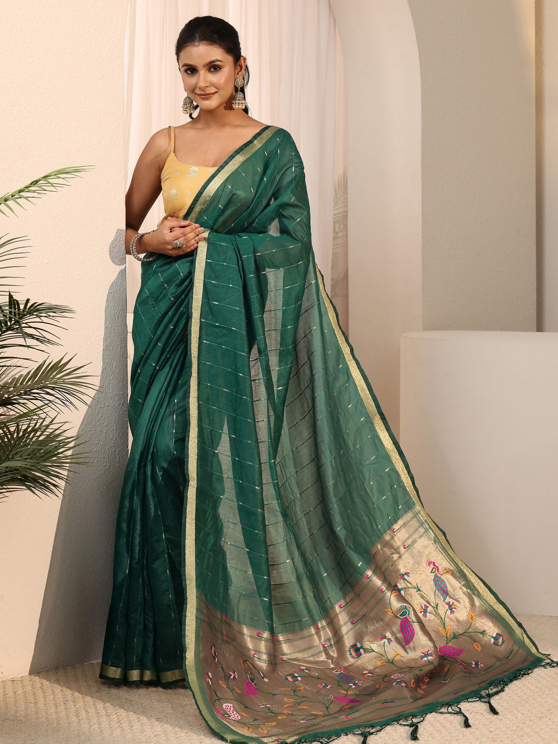 Mameraa Dark Green Silk Blend Paithani Tassel Saree