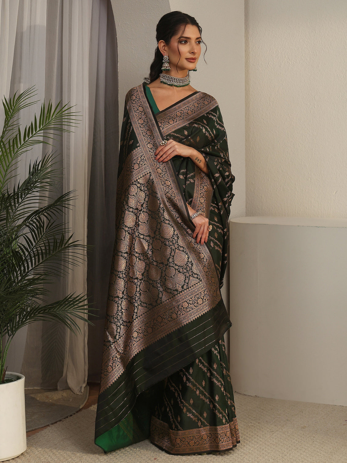 Mameraa Dark Green Woven Design Satin Saree