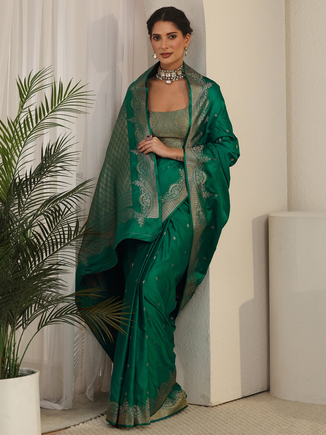 Mameraa Dark Green Woven Design Satin Saree