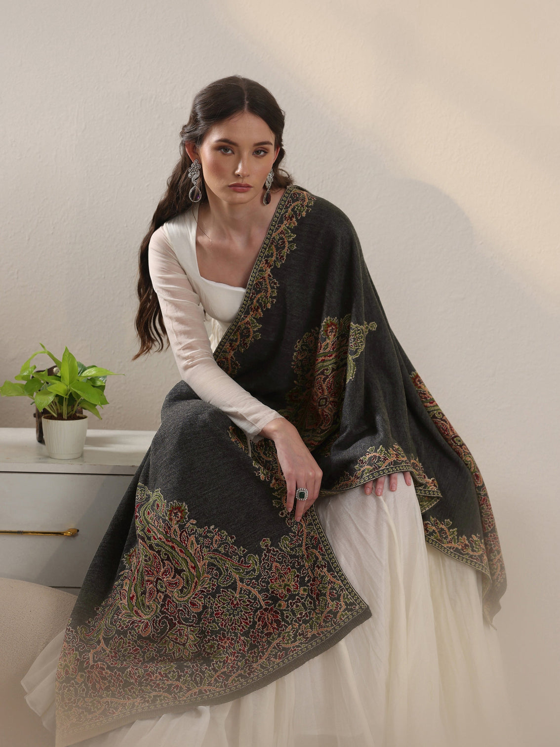 Mameraa Dark Grey Ethnic Knitted Acrylic Wrap Shawl