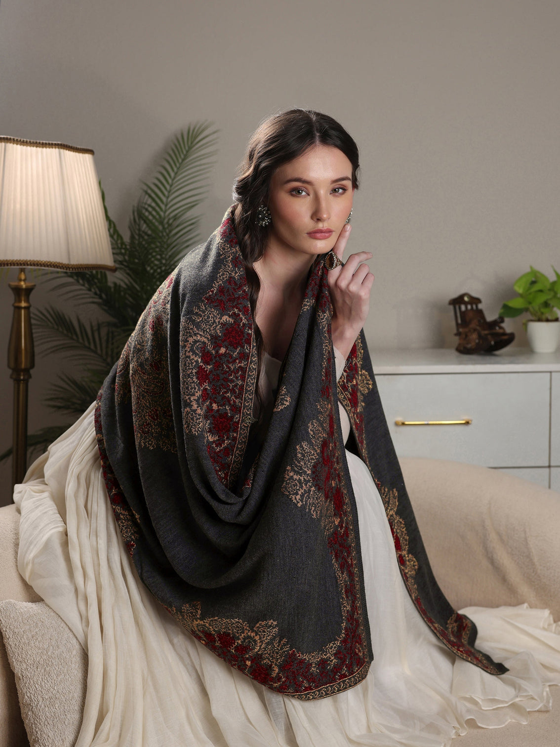 Mameraa Dark Grey Ethnic Knitted Acrylic Wrap Shawl