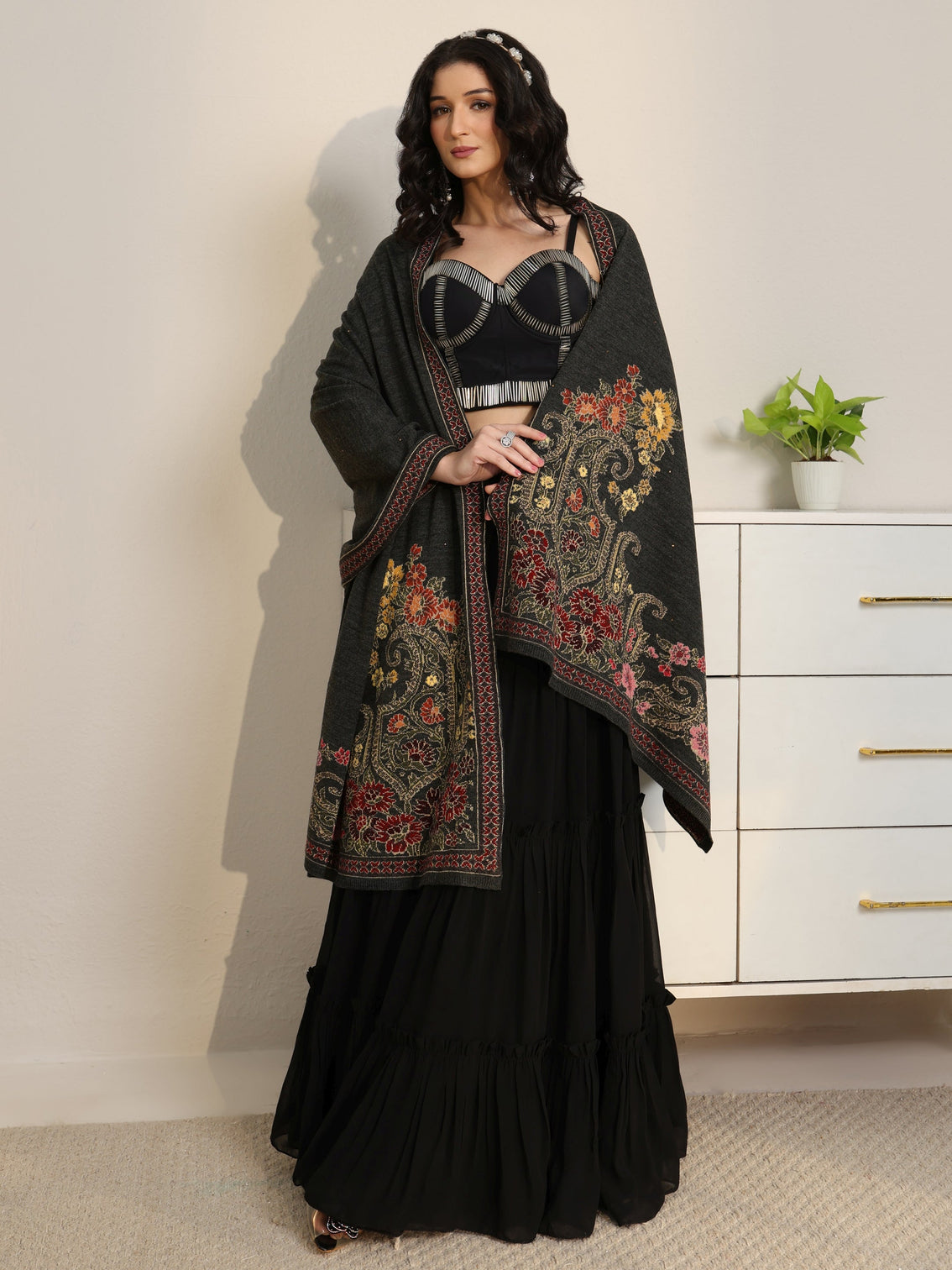 Mameraa Dark Grey Floral Knitted Acrylic Wrap Shawl