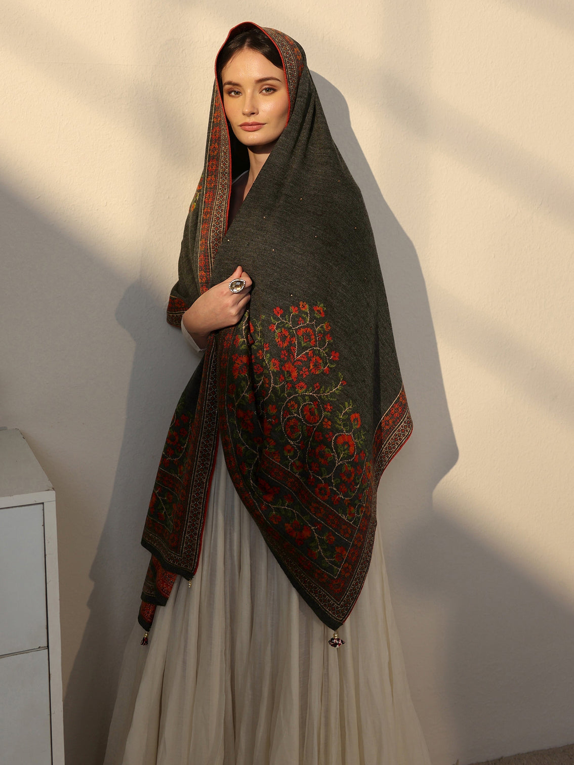Mameraa Dark Grey Floral Knitted Acrylic Wrap Shawl