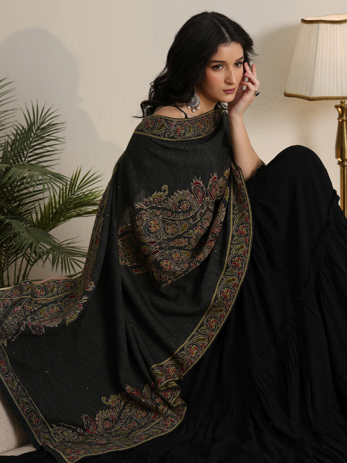 Mameraa Dark Grey Floral Knitted Acrylic Wrap Shawl
