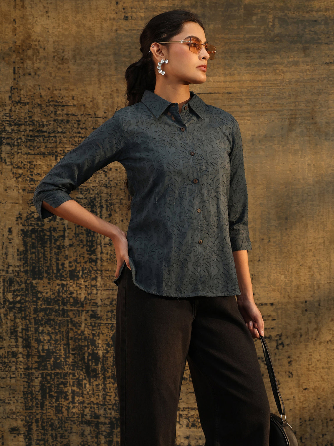 Mameraa Dark Grey Floral Textured Cotton Shirt
