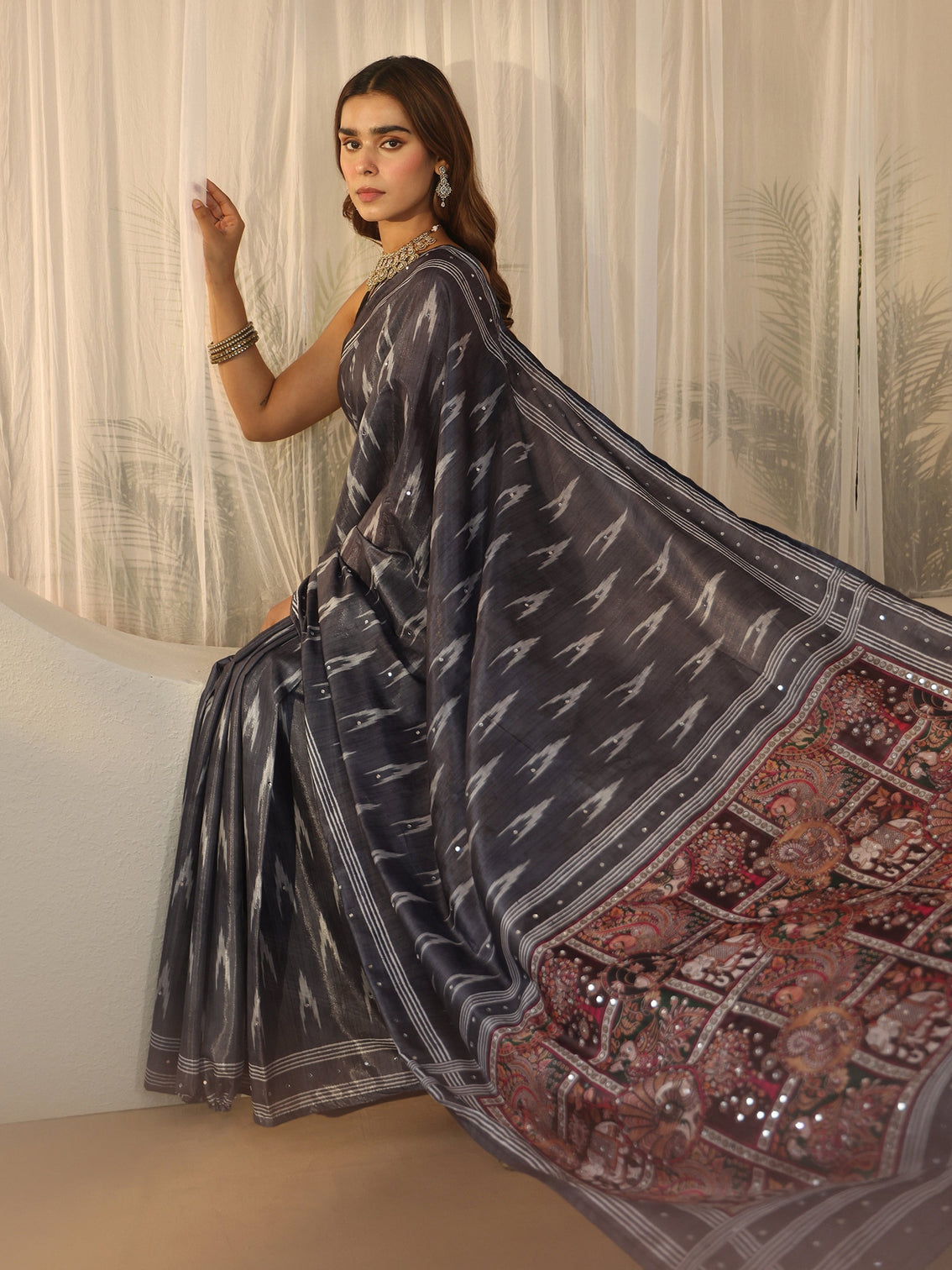 Mameraa Dark Grey Ikat Printed Satin Saree