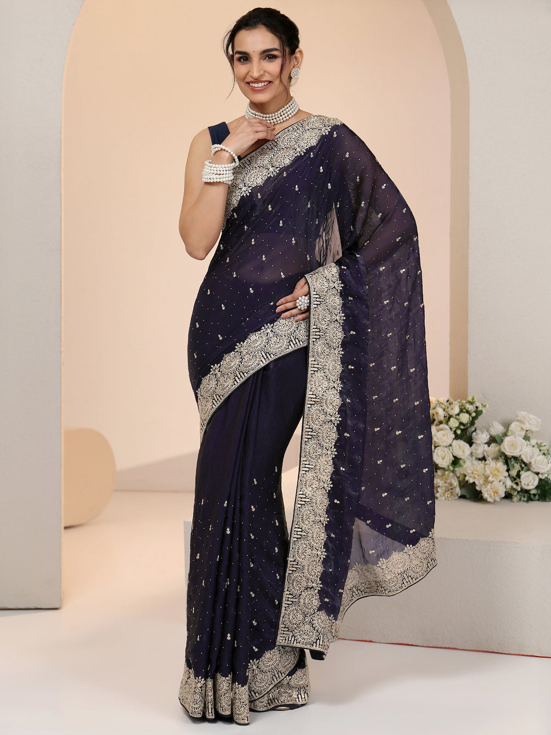 Mameraa Dark Purple Embellished Tissue Saree