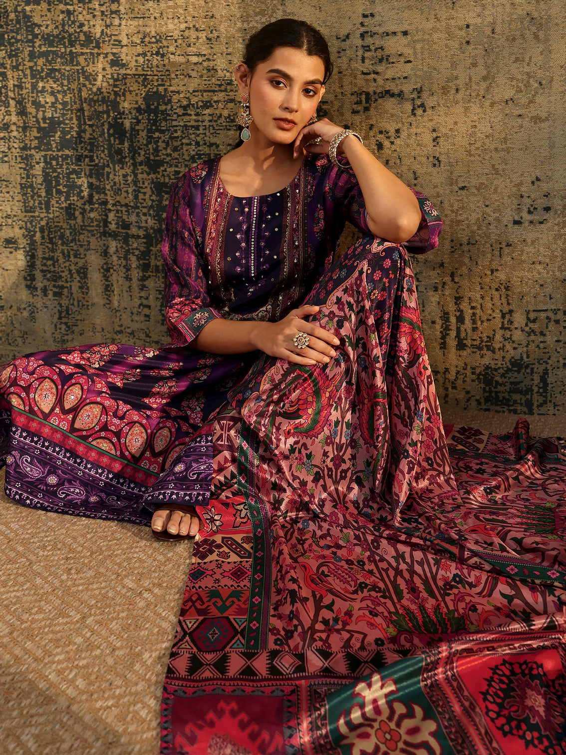 Mameraa Dark Purple Floral Embroidered  Chinon Straight Suit Set
