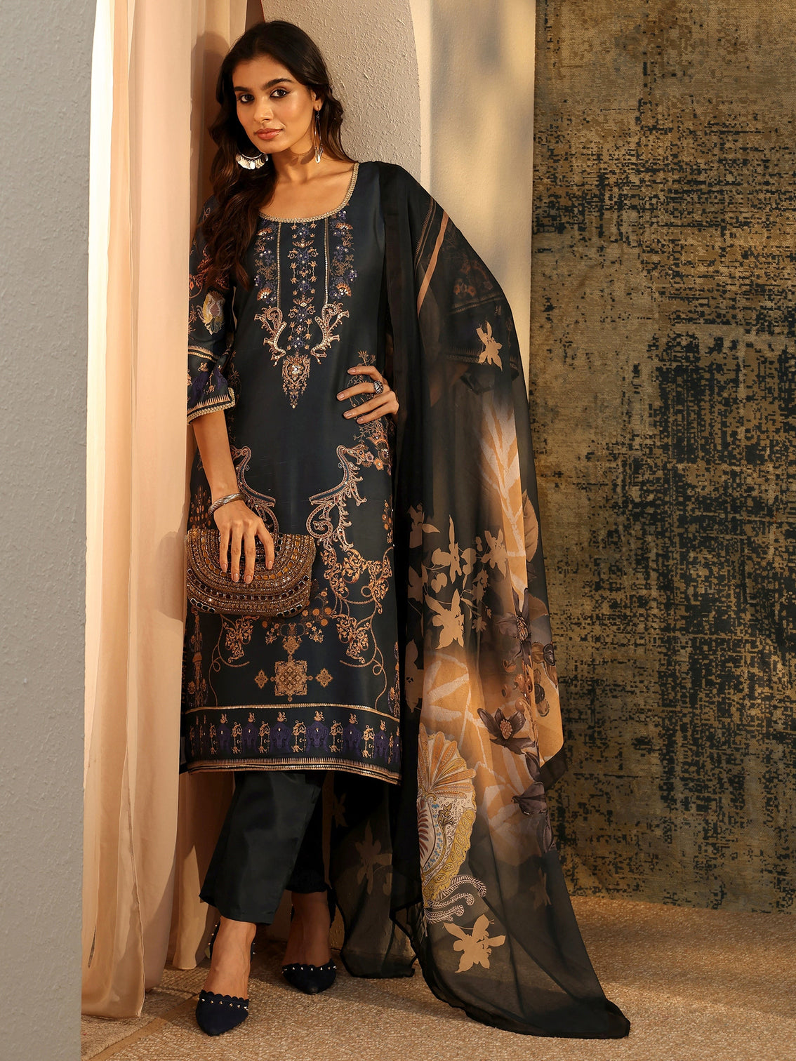 Mameraa Dark Teal Blue Embellished Silk Blend Straight Suit Set