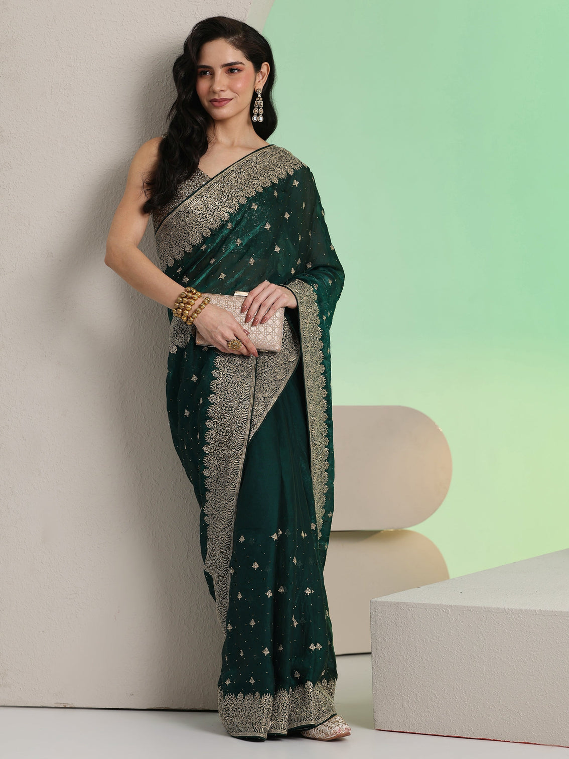 Mameraa Dark Teal Green Embroidered Tissue Saree