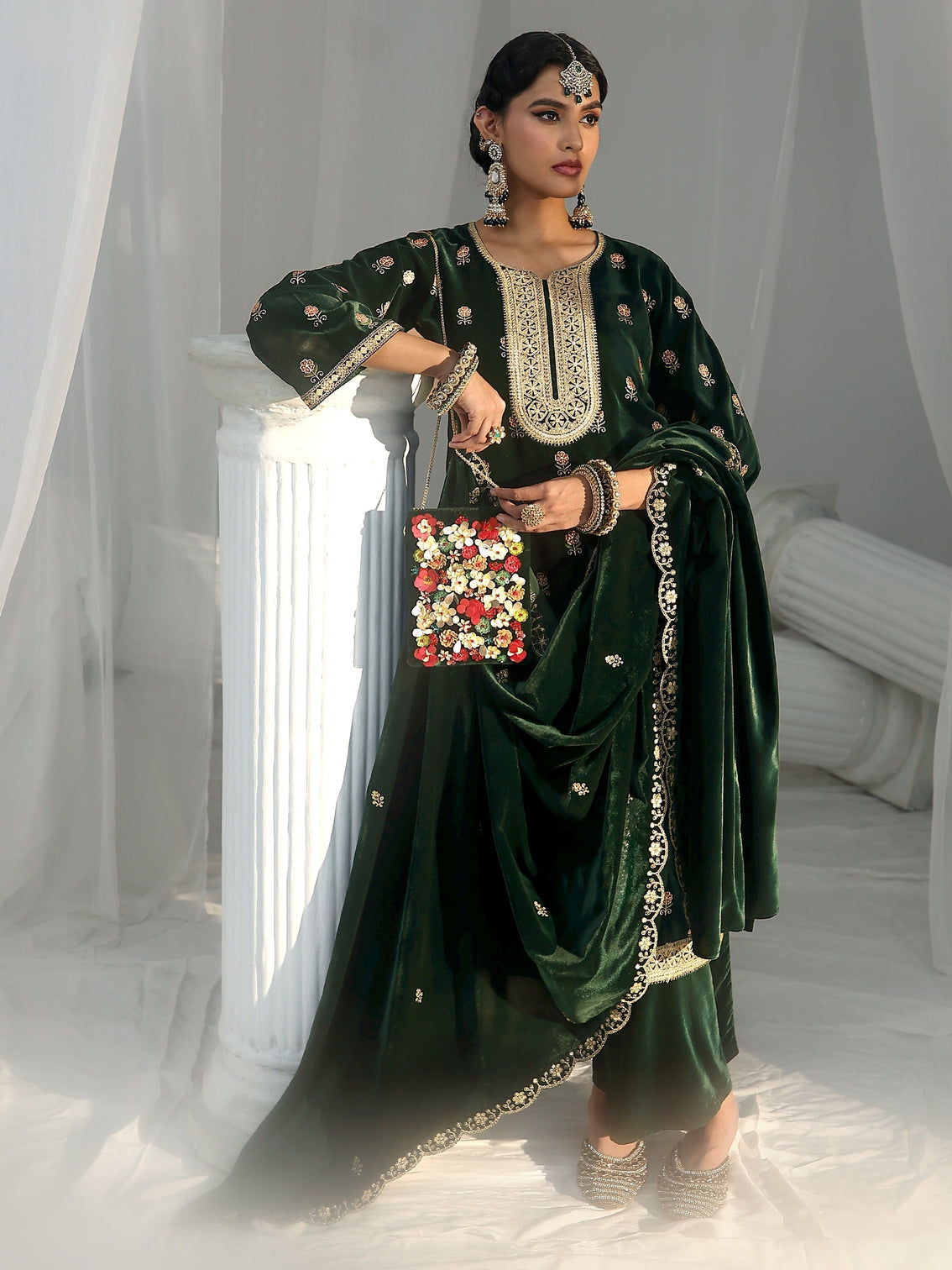 Mameraa Dark Teal Green Floral Embroidered Velvet Straight Suit Set