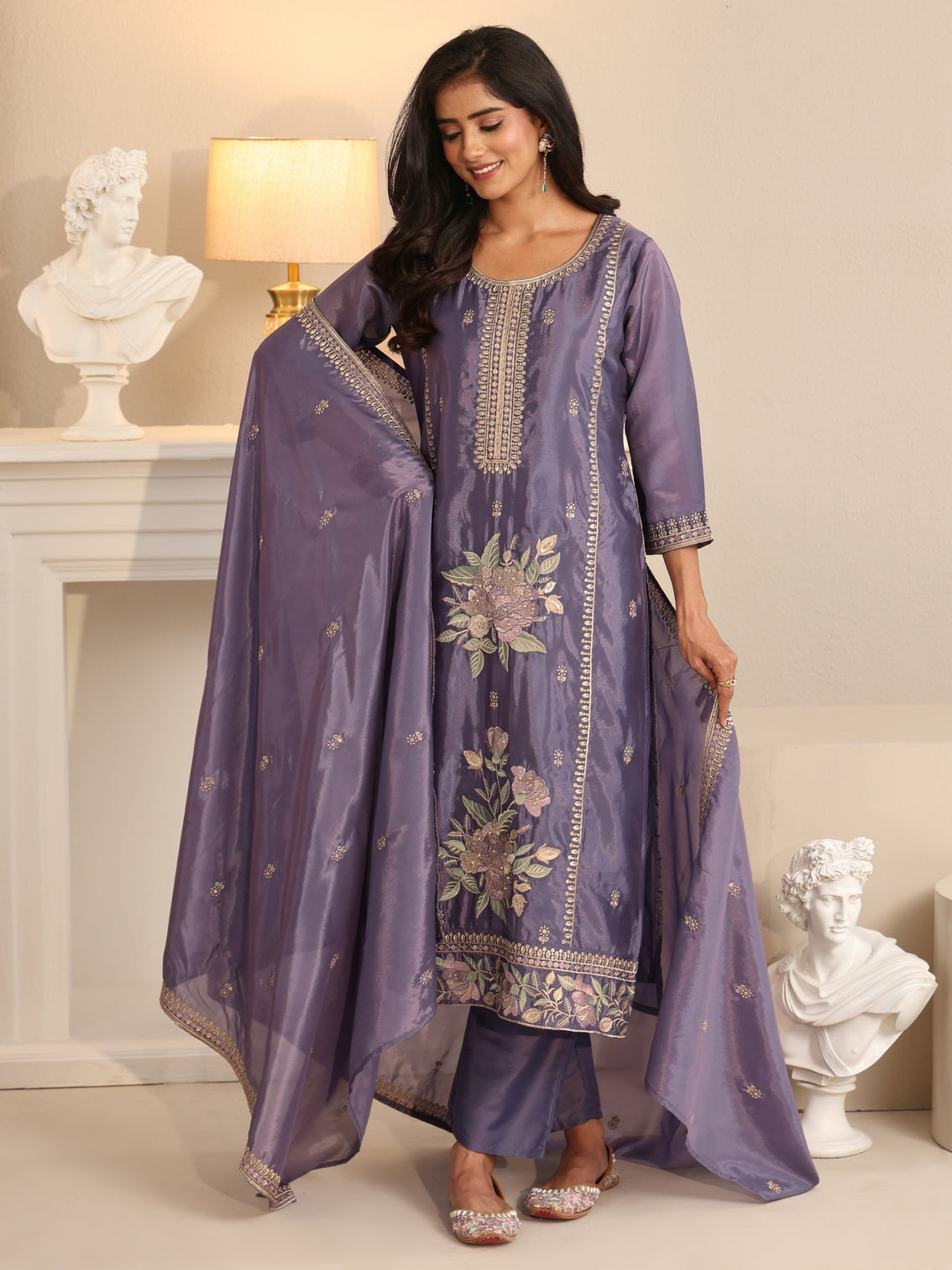Mameraa Deep Lavender Floral Embroidered Organza Straight Suit Set