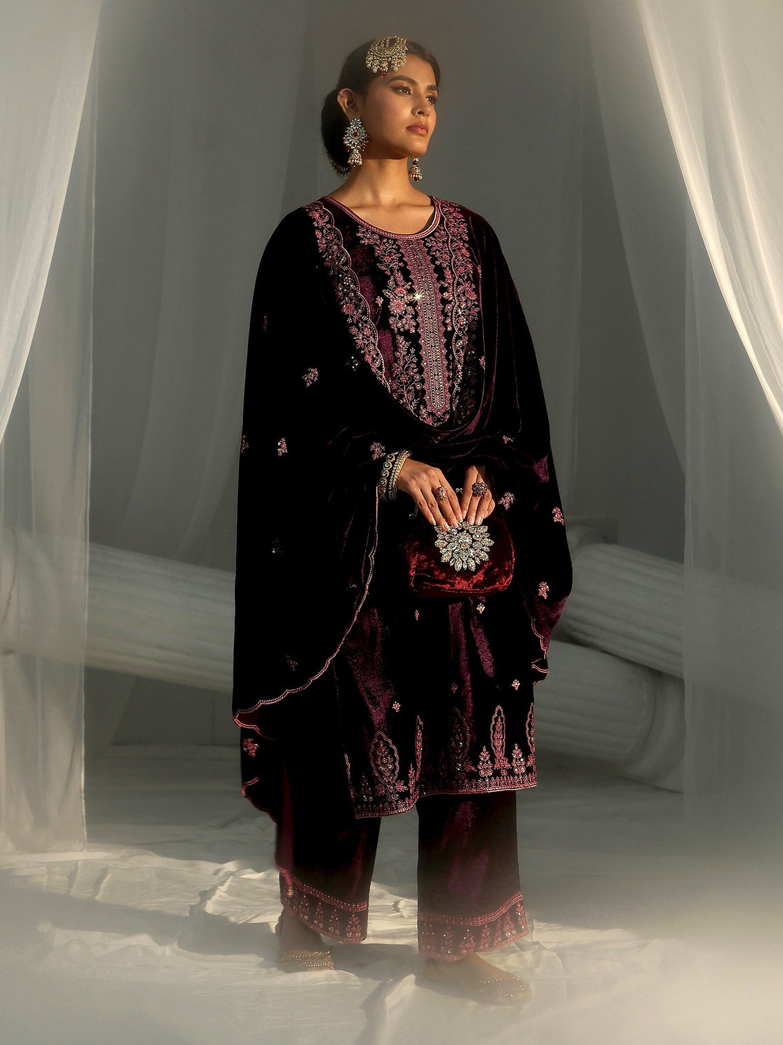 Mameraa Deep Plum Purple Floral Embellished Velvet Straight Suit Set