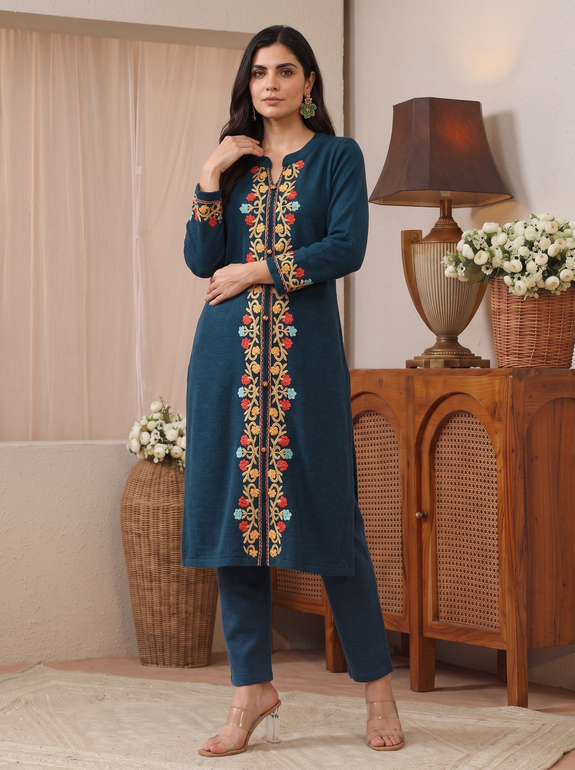 Mameraa Deep Teal Blue Floral Embroidered Wool Straight Kurta