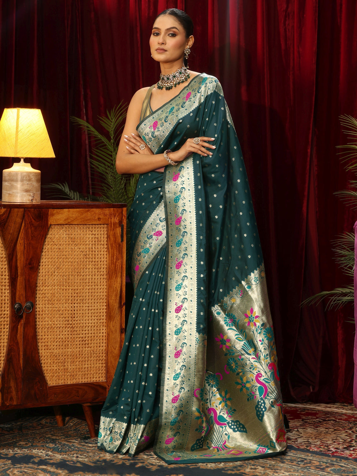 Mameraa Deep Teal Blue Silk Blend Paithani Saree