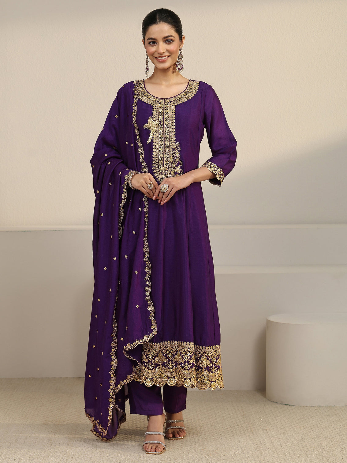 Mameraa Deep Violet Yoke Embroidered Silk Blend Anarkali Suit Set