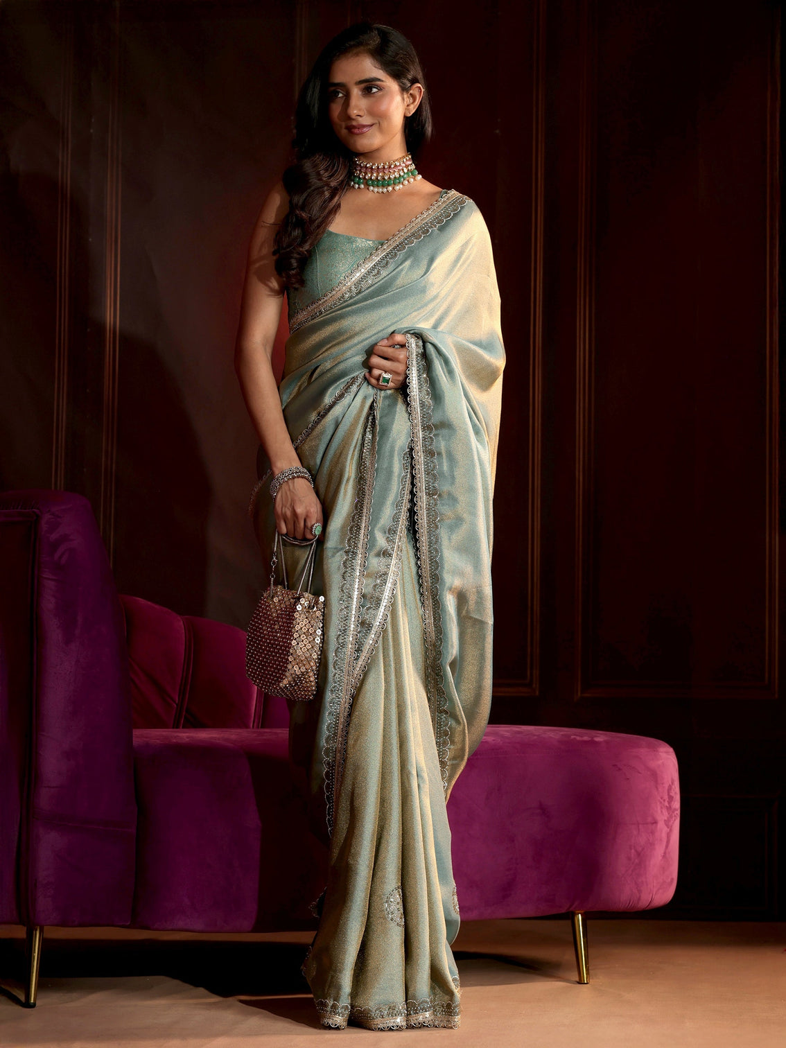 Mameraa Dusty Aqua Blue Embellished Tissue Saree
