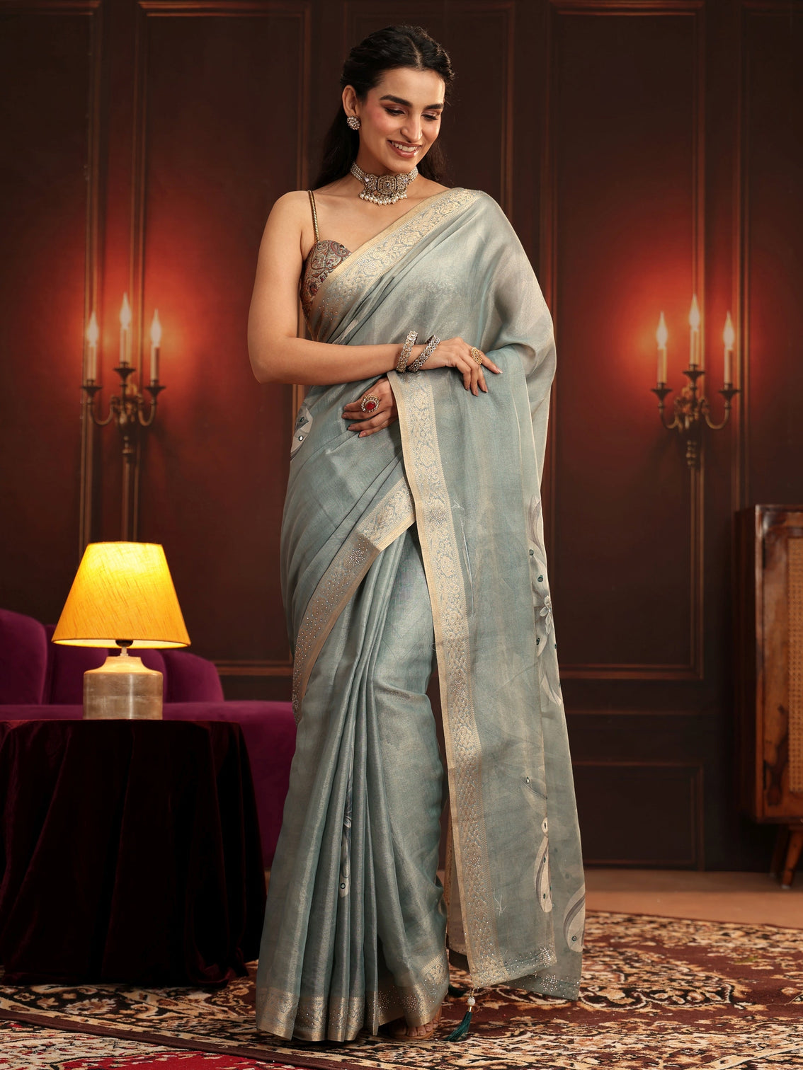 Mameraa Dusty Aqua Blue Floral Printed Silk Blend Saree
