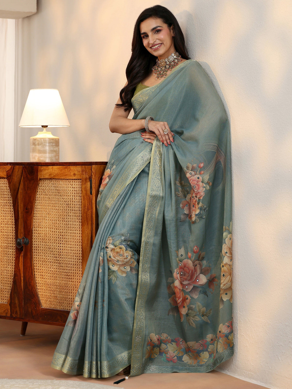 Mameraa Dusty Aqua Blue Floral Printed Silk Blend Saree with Woven Border
