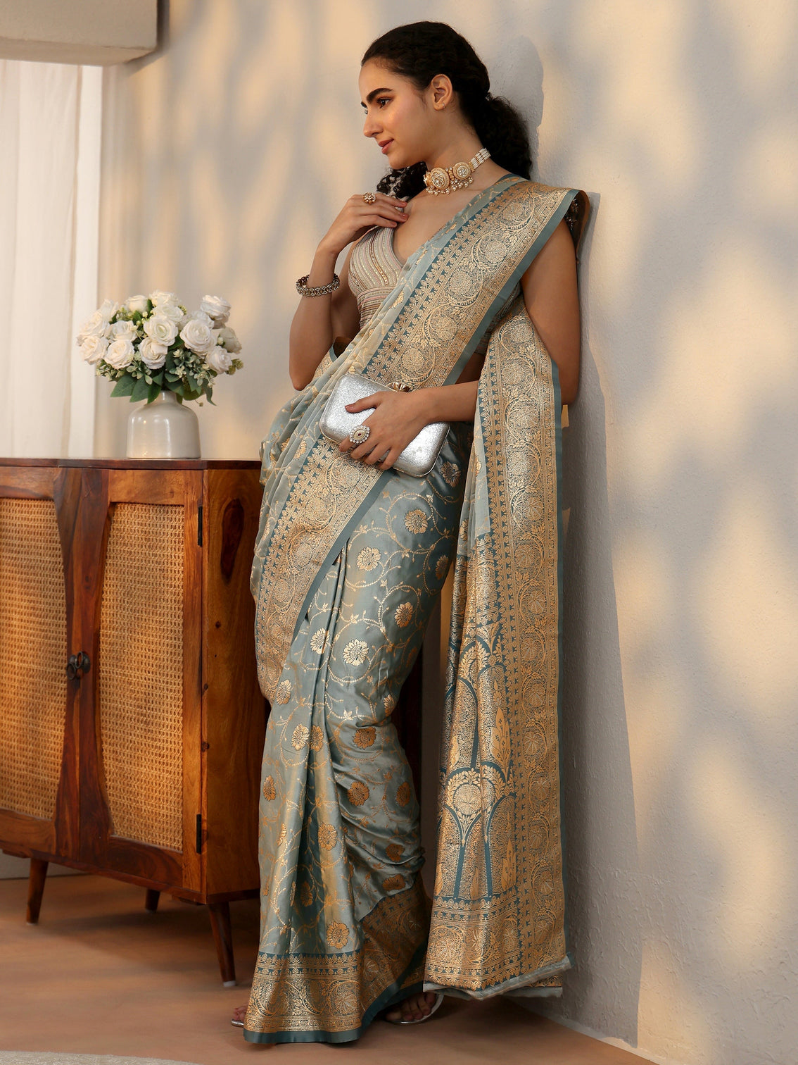 Mameraa Dusty Blue Banarasi Satin Saree