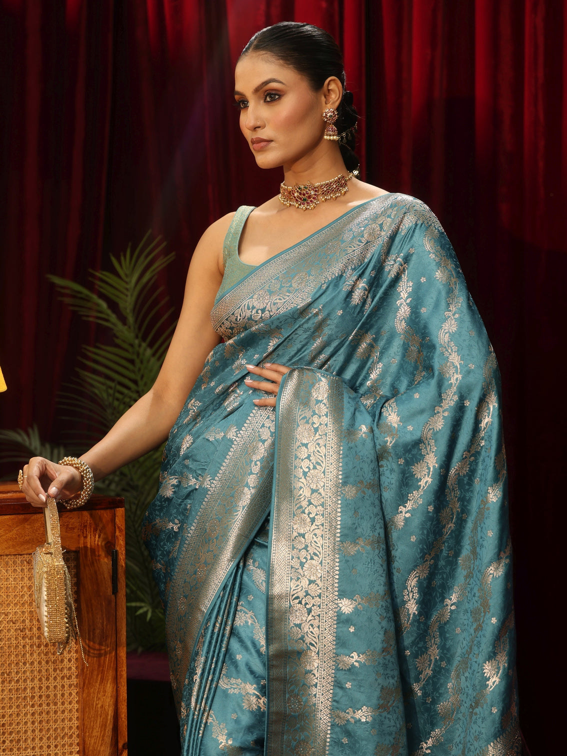 Mameraa Dusty Blue Banarasi Silk Blend Saree