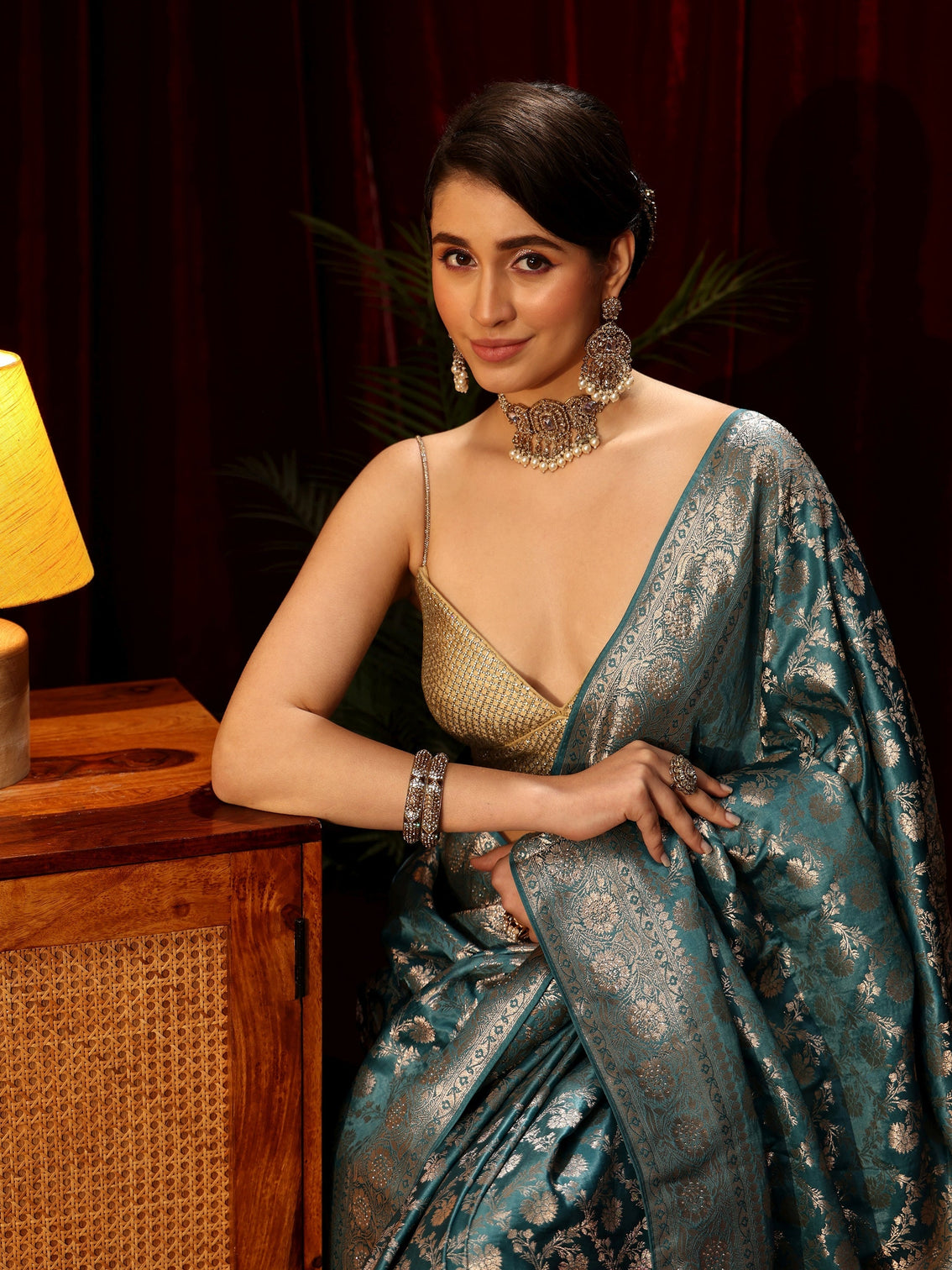 Mameraa Dusty Blue Embellished Floral Designs Brocade Saree