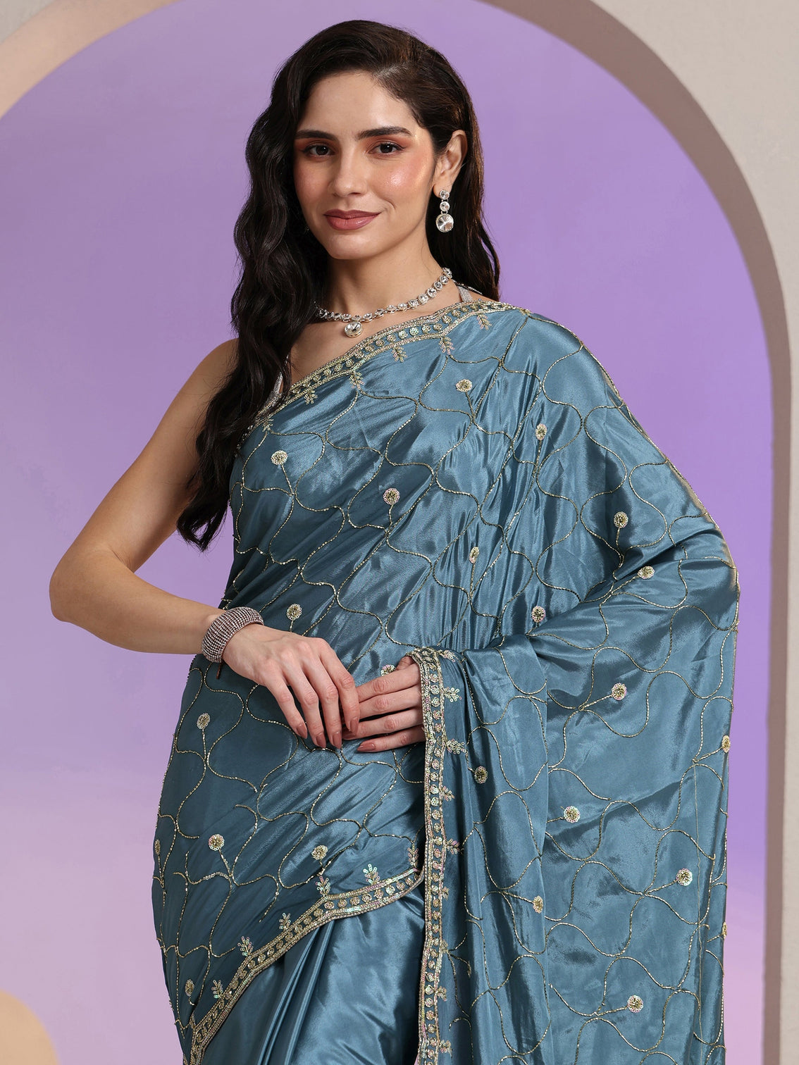 Mameraa Dusty Blue Embellished Silk Blend Saree