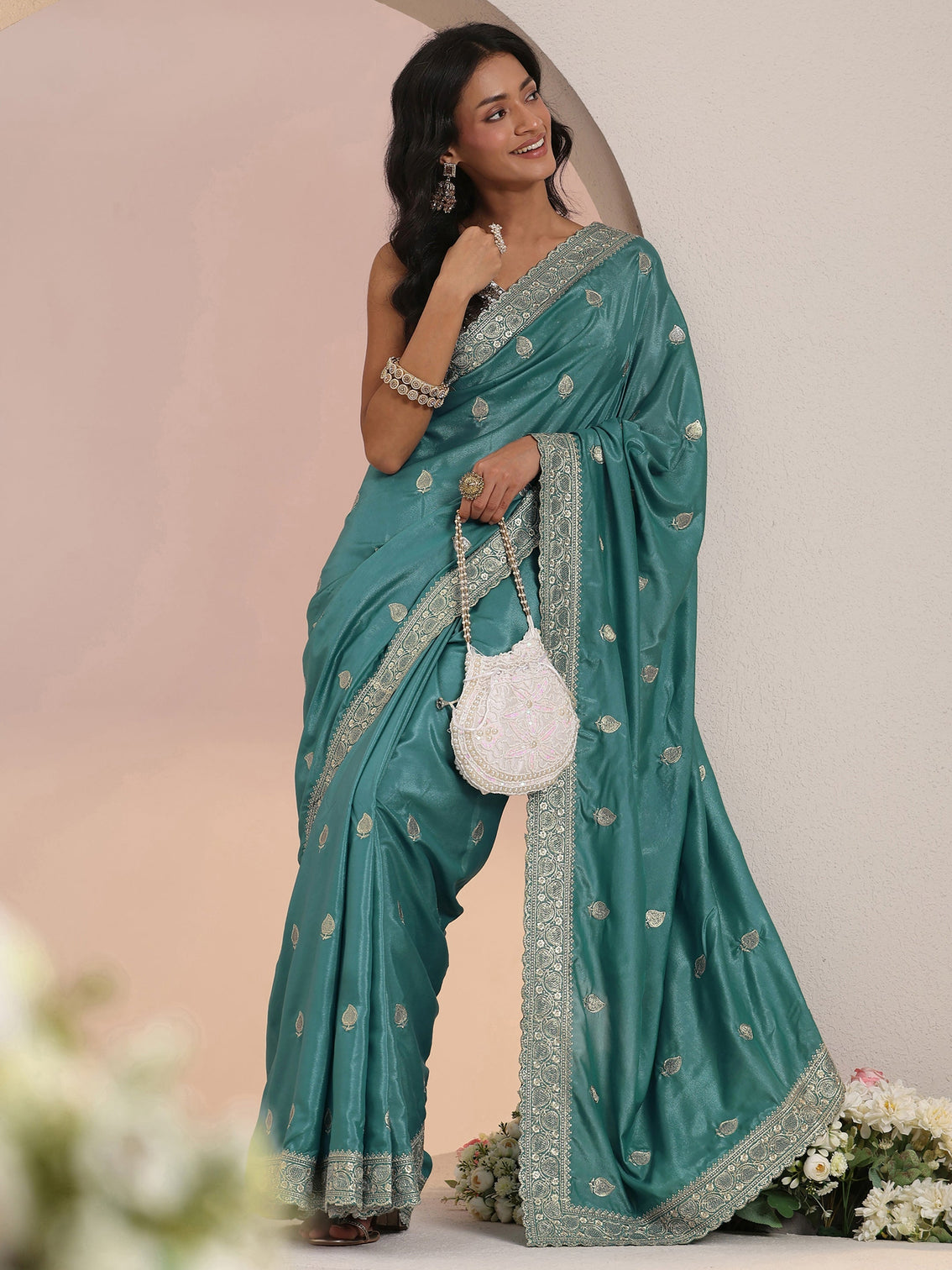 Mameraa Dusty Blue Embroidered Silk Blend Saree