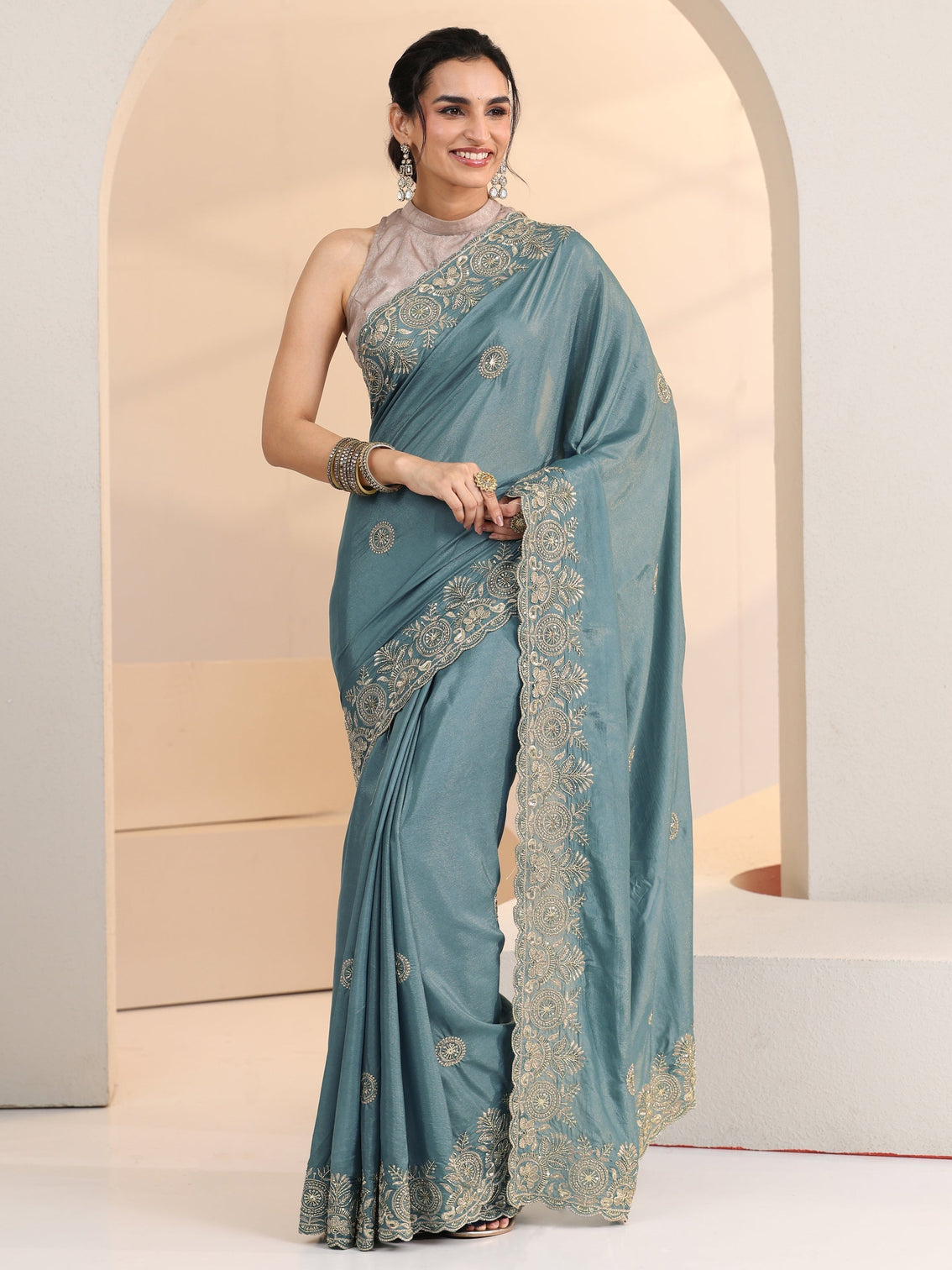 Mameraa Dusty Blue Embroidered Silk Blend Saree