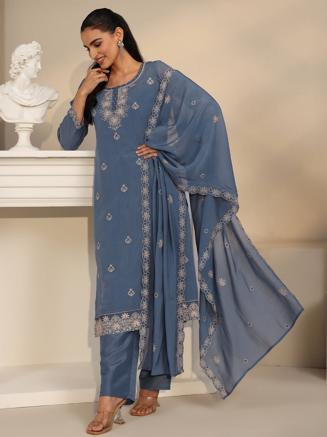 Mameraa Dusty Blue Ethnic Embroidered Silk Blend Straight Suit Set